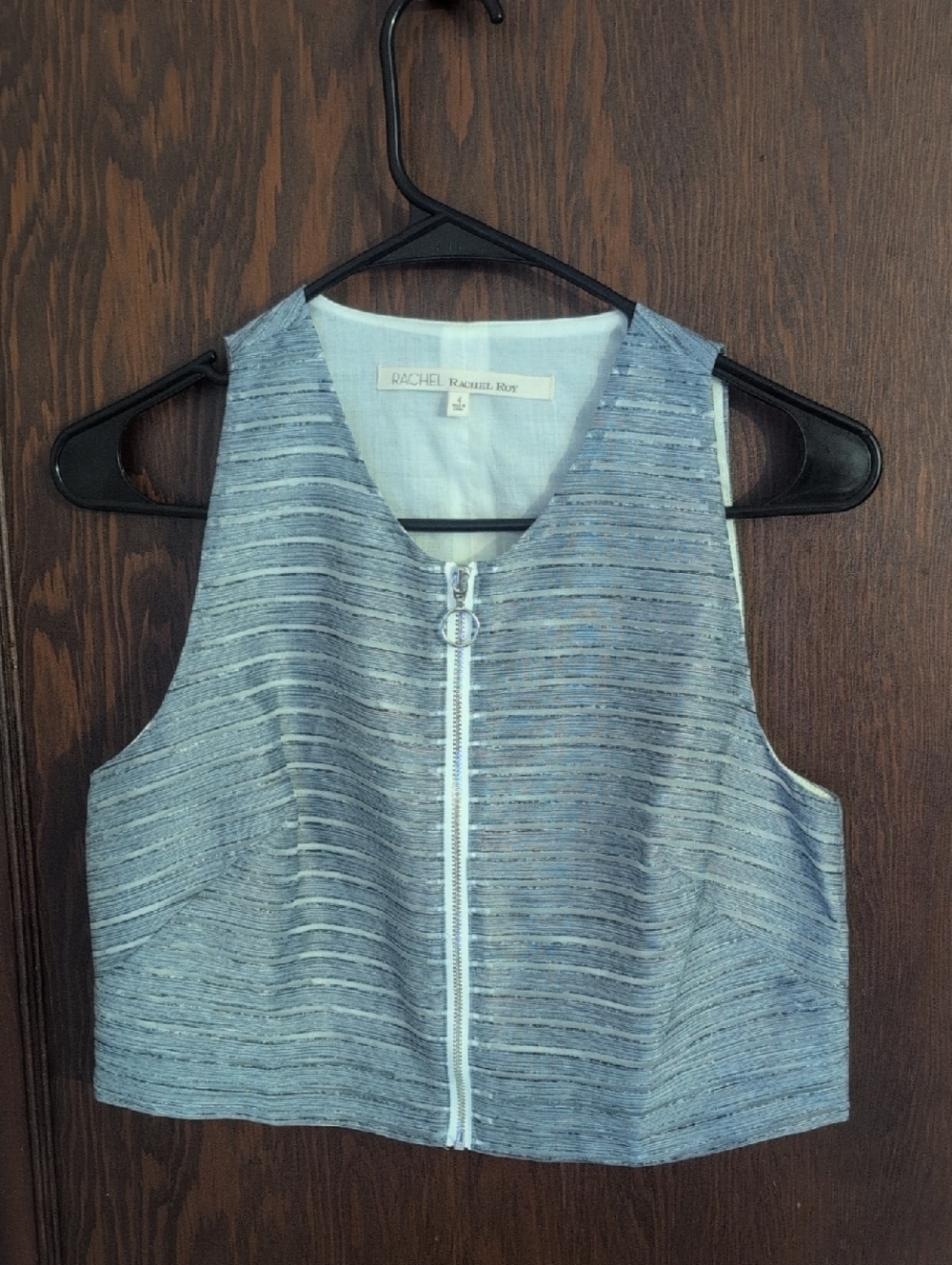 RACHEL Rachel Roy Light Blue Striped Zip-Front Cropped Tank